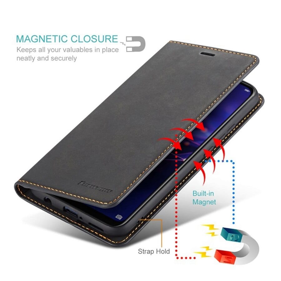 Läderfodral för iPhone 15 med plånboksformat | Magnetiskt flipfodral med kortfack