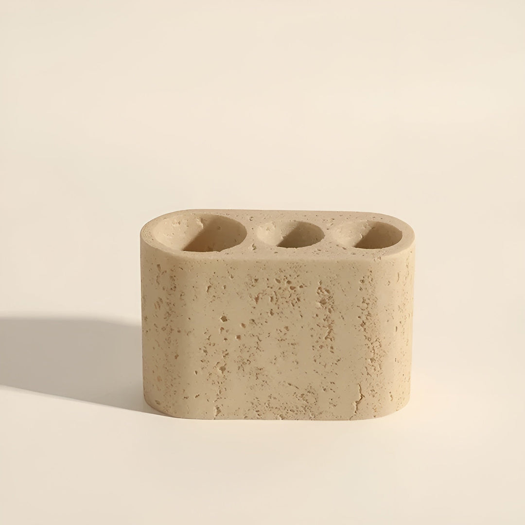 Tandborsthållare i natursten – med tvålpump och hylla | Eleganta badaccessoarer i travertin