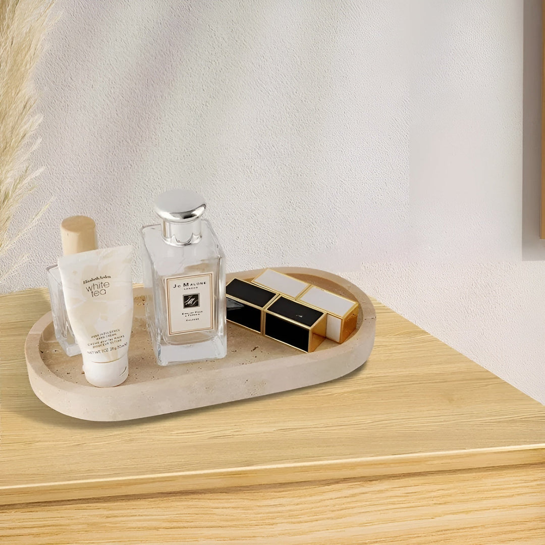Tandborsthållare i natursten – med tvålpump och hylla | Eleganta badaccessoarer i travertin