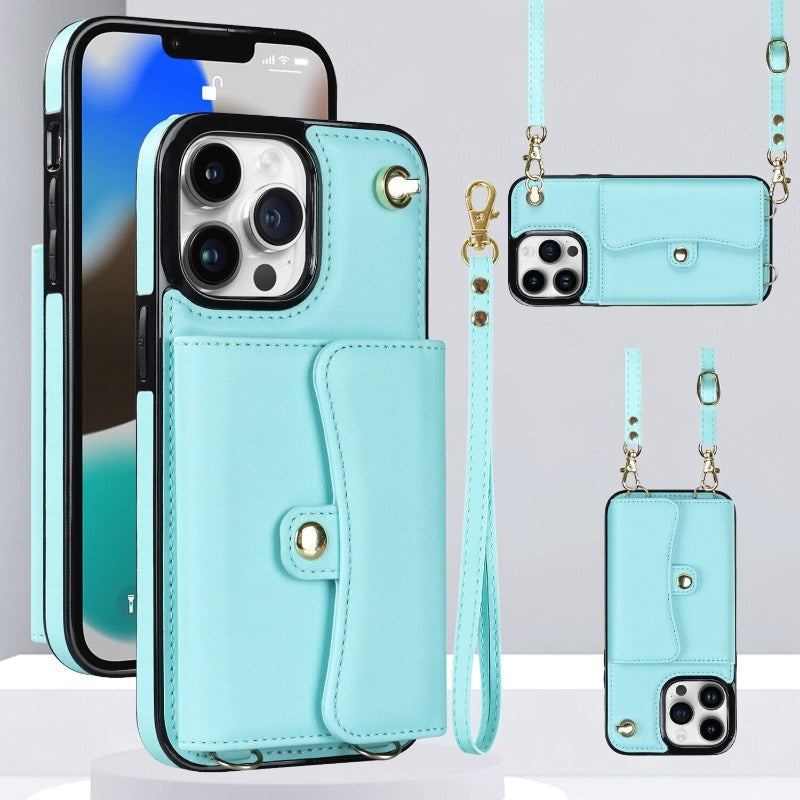 Läder axelväska med bärväska och lanyard för iPhone