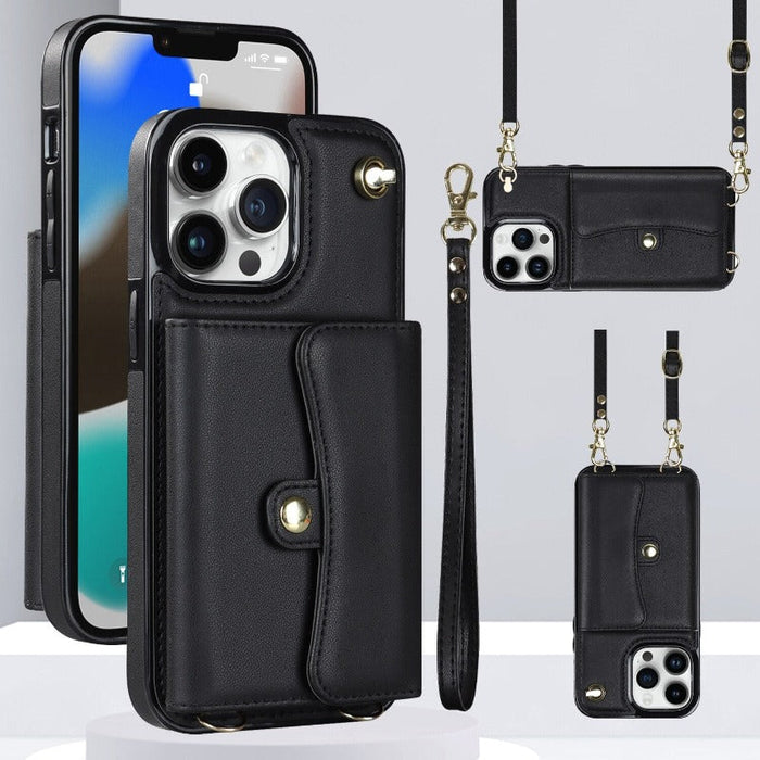 Läder axelväska med bärväska och lanyard för iPhone