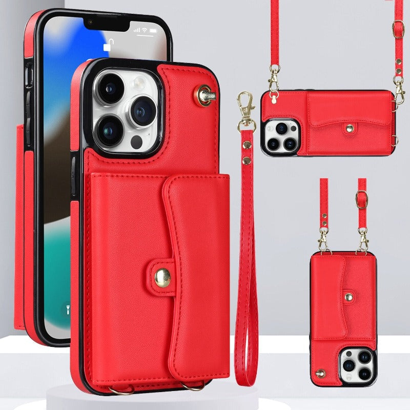 Läder axelväska med bärväska och lanyard för iPhone