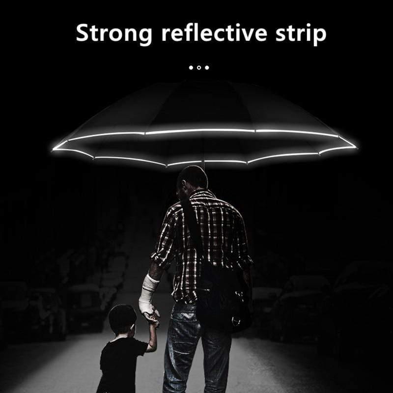 Automatiskt regnskepp med reflekterande remsa, omvänt LED-ljus-regnskepp, tredubbel hopfällbar, inverterad, 10 ribbor, vindresistenta regnskepp för resor