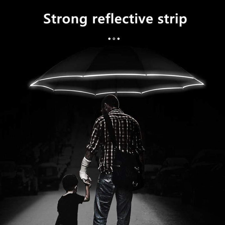 Automatiskt regnskepp med reflekterande remsa, omvänt LED-ljus-regnskepp, tredubbel hopfällbar, inverterad, 10 ribbor, vindresistenta regnskepp för resor