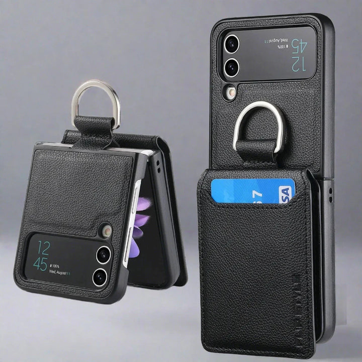 Samsung Z Flip 4 / Flip 3 Fodral | Läder Plånbok Korthållare Ringhållare Ställ