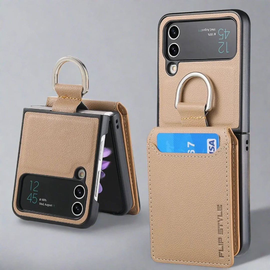 Samsung Z Flip 4 / Flip 3 Fodral | Läder Plånbok Korthållare Ringhållare Ställ