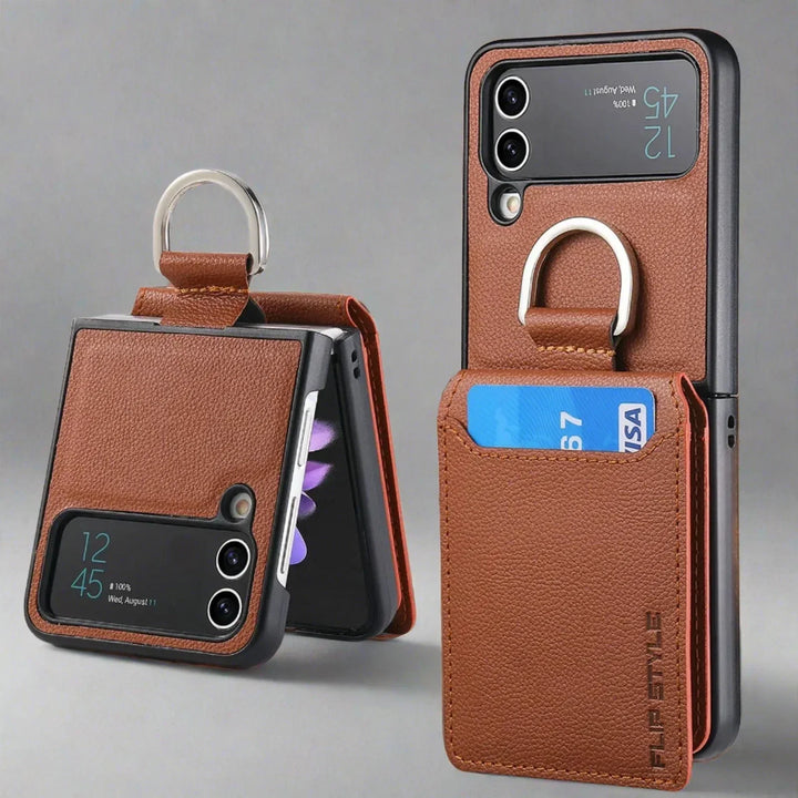 Samsung Z Flip 4 / Flip 3 Fodral | Läder Plånbok Korthållare Ringhållare Ställ