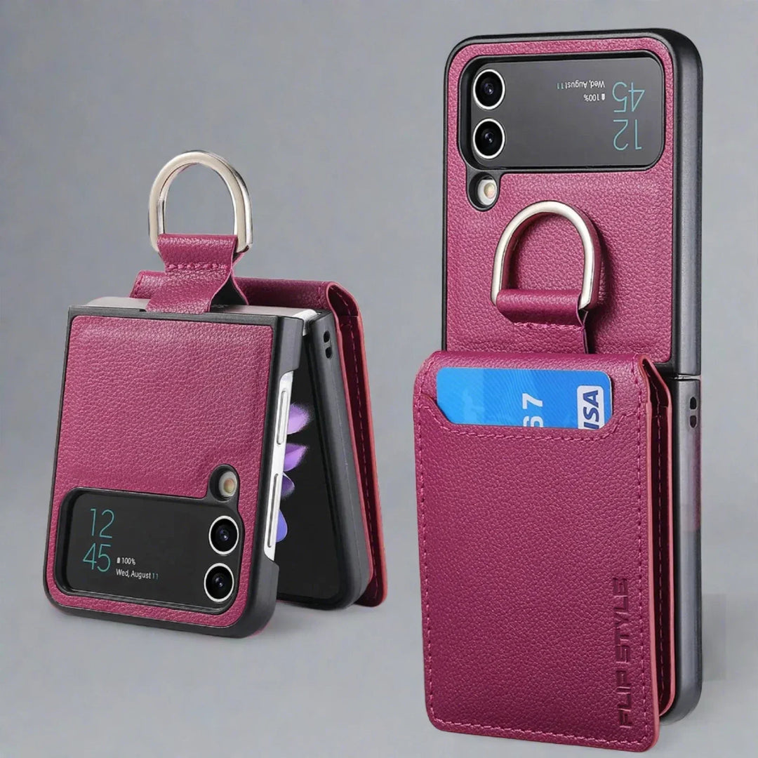 Samsung Z Flip 4 / Flip 3 Fodral | Läder Plånbok Korthållare Ringhållare Ställ