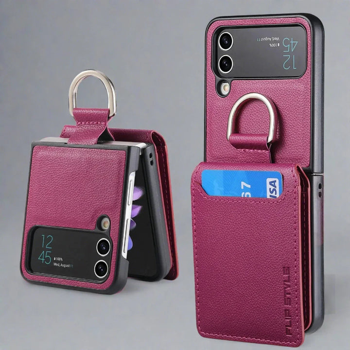 Samsung Z Flip 4 / Flip 3 Fodral | Läder Plånbok Korthållare Ringhållare Ställ
