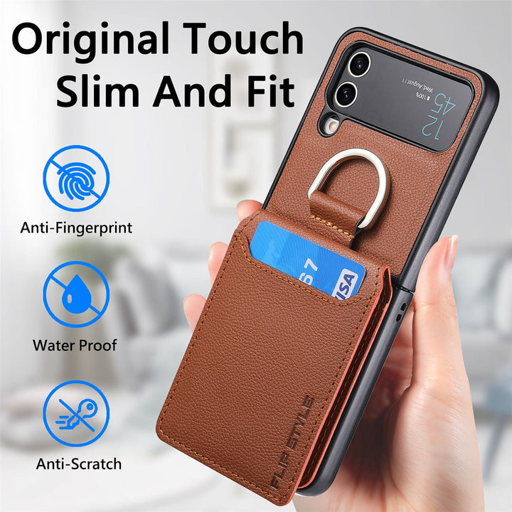 Samsung Z Flip 4 / Flip 3 Fodral | Läder Plånbok Korthållare Ringhållare Ställ