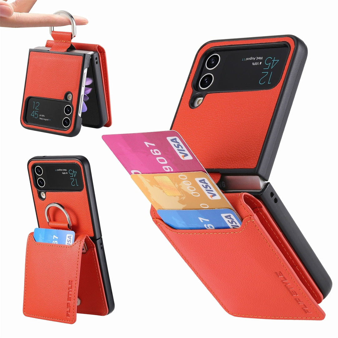 Samsung Z Flip 4 / Flip 3 Fodral | Läder Plånbok Korthållare Ringhållare Ställ
