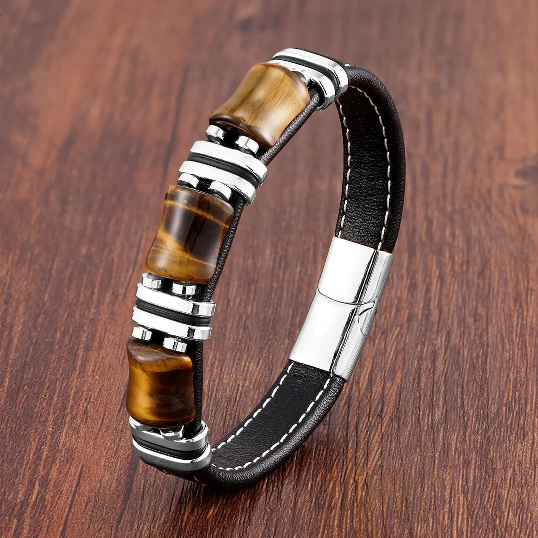 Armband i läder och guld | Herrsmycken med tigeröga