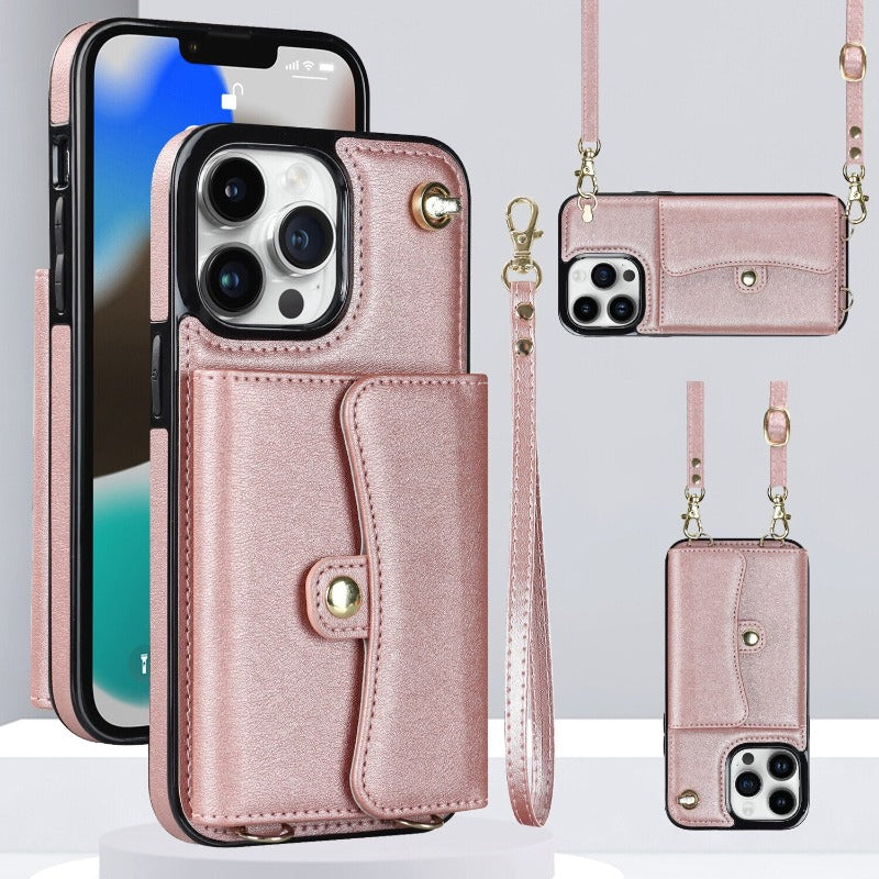 Läder axelväska med bärväska och lanyard för iPhone