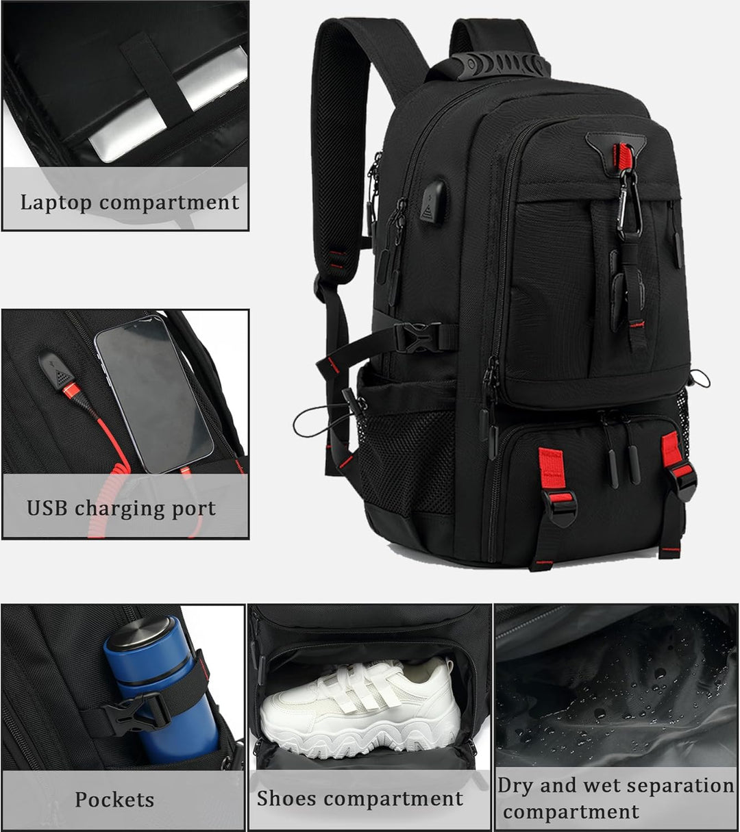 60L vattentät rese-laptopryggsäck med USB-port och skofack | Karnz