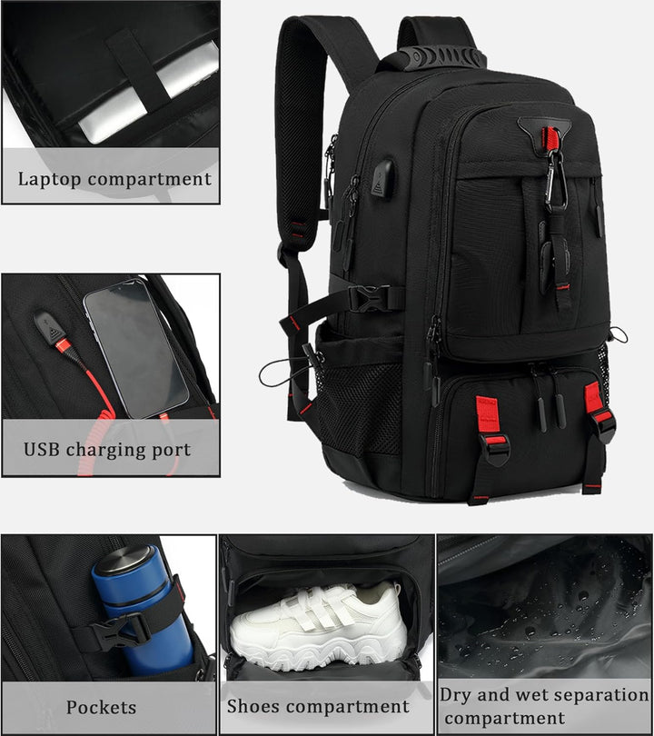 60L vattentät rese-laptopryggsäck med USB-port och skofack | Karnz